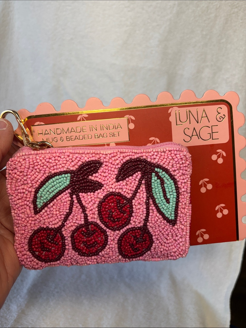 Luna & Sage Pink Beaded Cherry Coin Purse